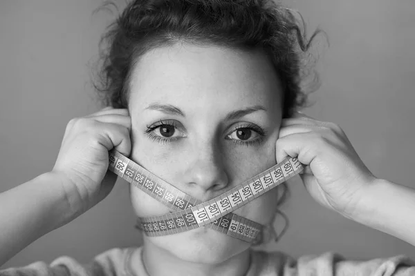 Sad Woman Wrapped Face Meter Face Topic Losing Excess Weight — Stock Photo, Image
