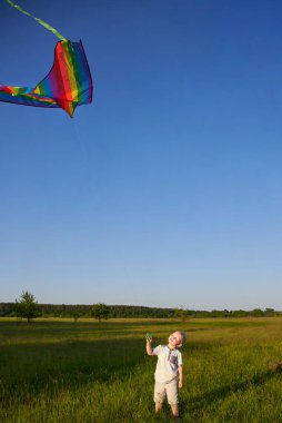 Küçük çocuk yeşil çayırda uçurtma tutuyor, yaz eğlencesi temalı..
