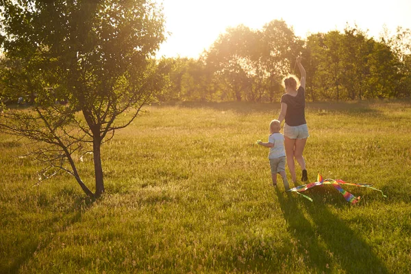 妈妈和她的小儿子在草地上放风筝 回头看 主题是夏天的欢乐 — 图库照片