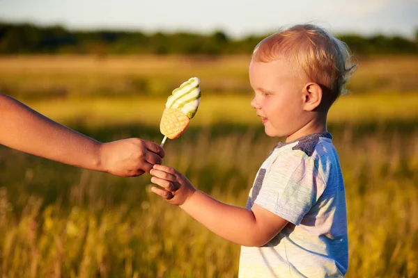 日落时妈妈的手在夏日的草地上把冰淇淋棒棒糖送给两岁的儿子 — 图库照片