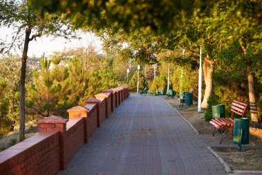 Şehir parkında boş bir sokak, banklar, çöp kutuları, tuğla bir çit..