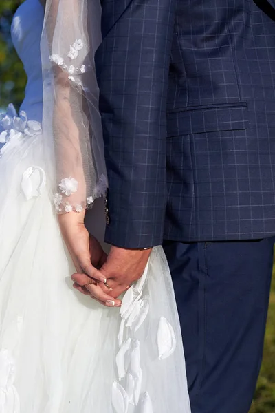 Braut Und Bräutigam Stehen Mit Dem Rücken Zueinander Und Halten — Stockfoto