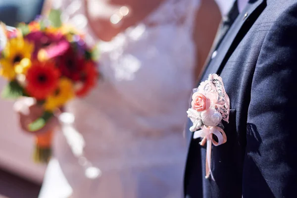 Pale Pink Flower Decoration Groom Jacket Element Clothing — стоковое фото