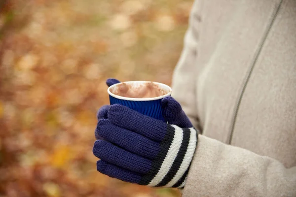 Girl\'s hands in striped gloves with a cup of hot drink on a blurred autumn background.