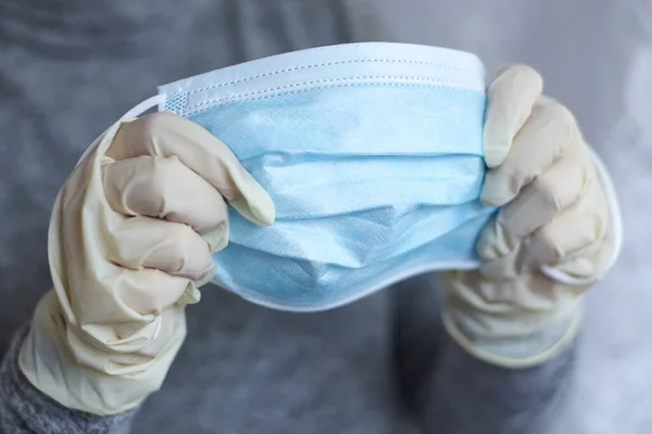 Woman Hands Medical Gloves Hold Mask Theme Protection Viral Diseases — Stock Photo, Image