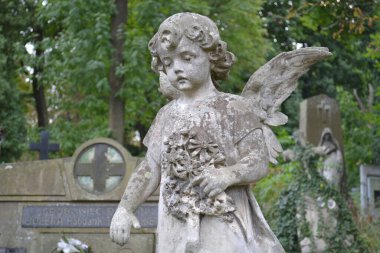 Ukrayna, Lviv, Lychakivskiy Mezarlığı - 26 Eylül 2011: Sonbahar öğleden sonra mezarlıkta çiçekli bir melek şeklinde taş heykel