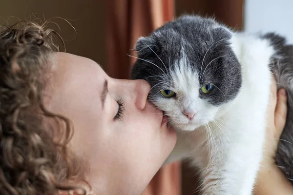 Mujer Abraza Besa Lindo Gato Primer Plano Tema Amistad Con — Foto de Stock