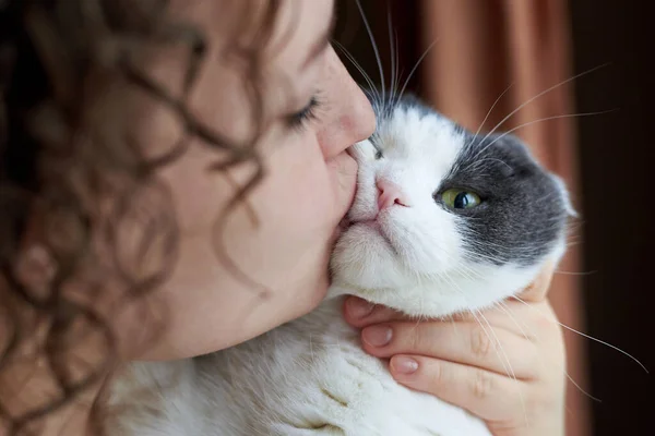 Mujer Abraza Besa Lindo Gato Primer Plano Tema Amistad Con — Foto de Stock