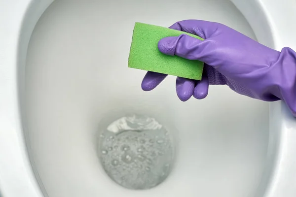 Woman Hand Glove Washes Toilet Bowl Sponge Sanitizing Cleaning Toilet — Stock Photo, Image