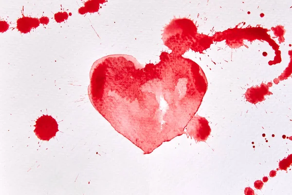 Drawing Red Heart Shape Blots Watercolor White Paper Valentine Day — Stock Photo, Image