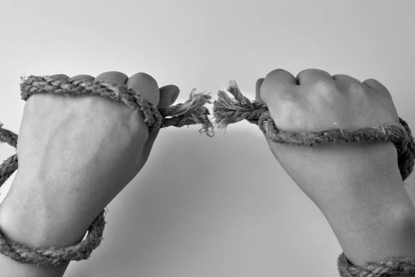 Tearing Rope Hands Woman Liberation Concept Black White Photo — Stock Photo, Image