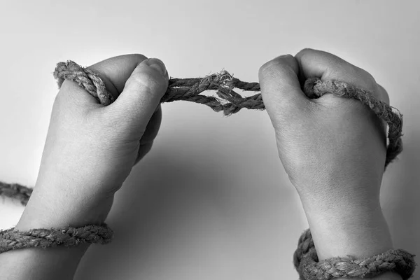 Tearing Rope Hands Woman Liberation Concept Black White Photo — Stock Photo, Image