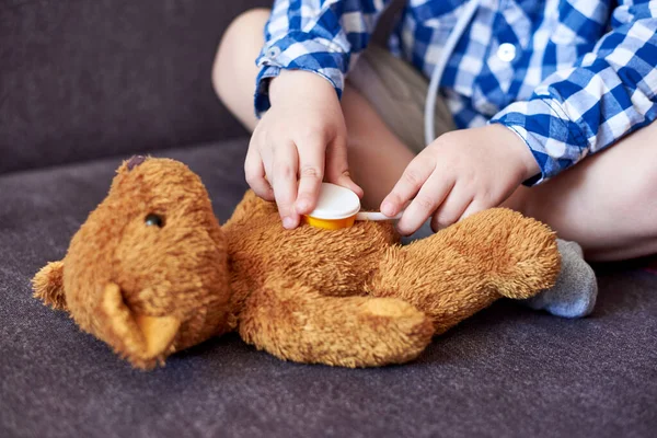 Little Boy Playing Doctor Toy Tools Teddy Bear Home — Stock Photo, Image