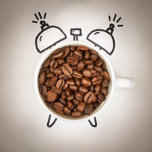 Cup Coffee Filled Coffee Beans Shape Alarm Clock Concept Morning — ストック写真