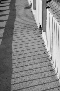The shadow of the fence during the day, black and white photo.
