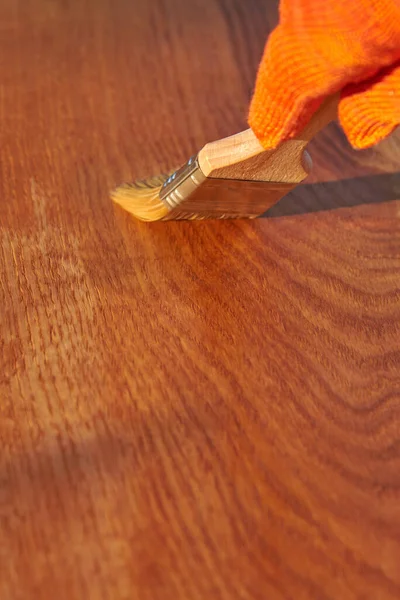 Pintura Uma Superfície Madeira Com Verniz Mão Luva Com Escova — Fotografia de Stock