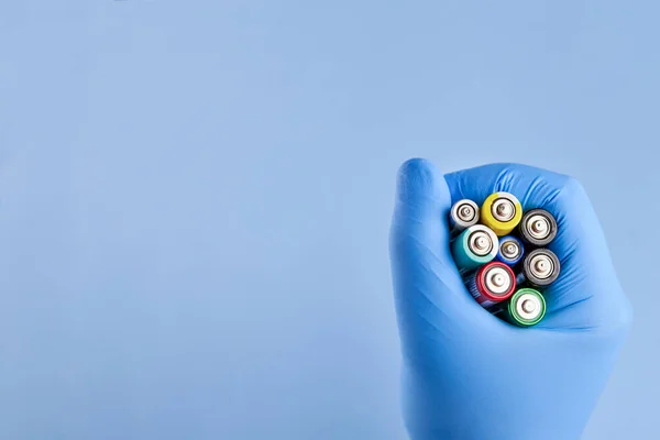 Batteries Hand Man Protective Glove Copy Space Battery Recycling Theme —  Fotos de Stock