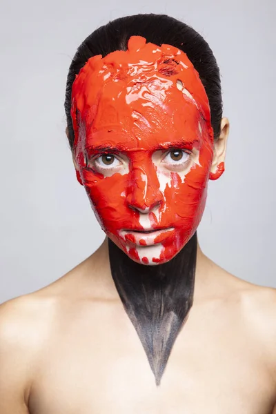 Portrait Young Beautiful Woman Posing Red Paint Face — Stock Fotó