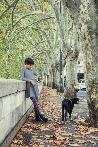 Teenager Girl Walking Dog Paris Autumn Season — Stock Photo, Image