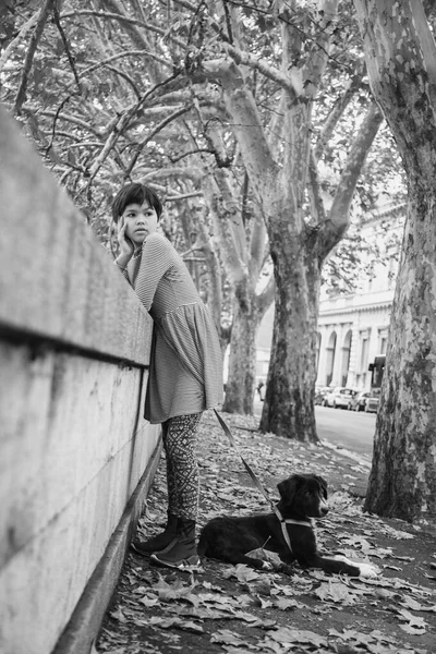 Монохромное Фото Девочки Подростка Гуляющей Собакой Париже Осенний Сезон — стоковое фото