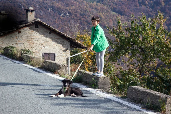 一个女孩带着一只狗走在村里的路上 — 图库照片