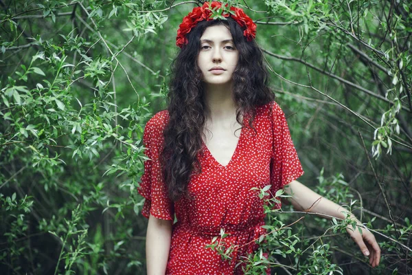 Belle Fille Robe Rouge Avec Une Couronne Fleurs Sur Nature — Photo
