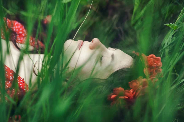 Menina Bonita Vestido Vermelho Com Uma Coroa Flores Natureza — Fotografia de Stock