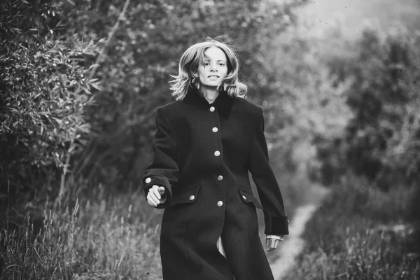 Portrait Girl Coat Running Nature Vintage Photo — Stock Photo, Image