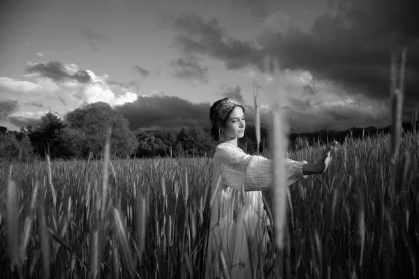 Monochrome Shot Beautiful Woman Walking Field Daytime Romantic Mood Stock Picture