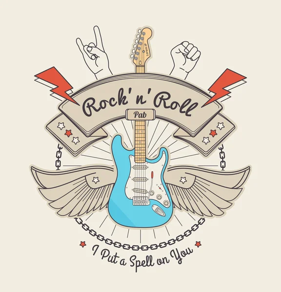 Guitarra con signo de rock and roll — Vector de stock