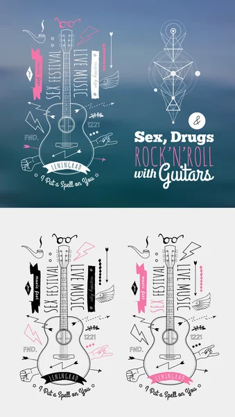 Insignias retro vintage de moda con guitarra — Vector de stock