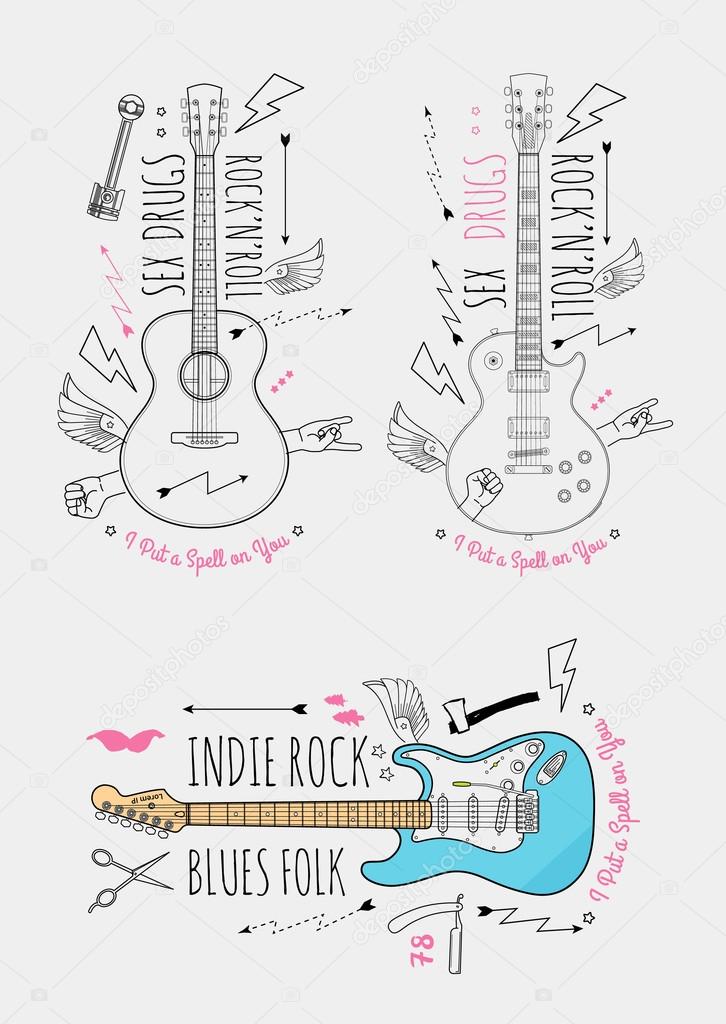 Trendy Retro Vintage Insignias with Guitar. Vector art