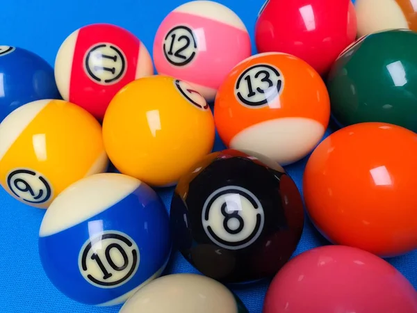 Solid Stripes Pool Balls Blue Background Bilard Balls Blue Carpet — Stock Photo, Image