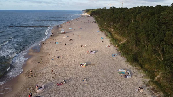 View of the sandy beach. Summer landscape, beach. Aerial view of people on the beach. Relax on the beach in Poland. Top view from the drone