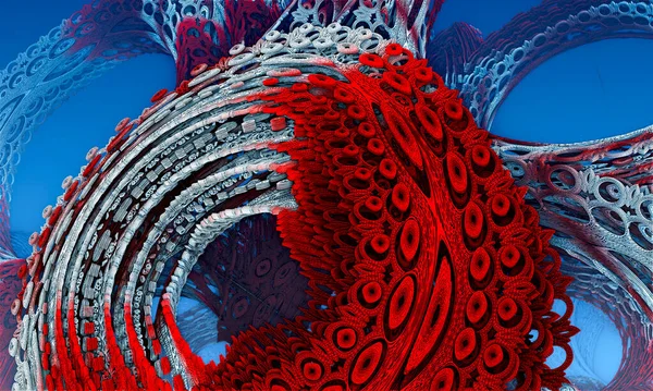 Enorme fondo geométrico fractal de anillos concéntricos sobre un fondo rojo, blanco y azul. —  Fotos de Stock