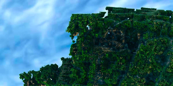 Roca fractal de vegetación en el fondo del cielo con nubes — Foto de Stock