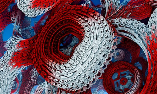 Riesiger fraktaler geometrischer Hintergrund aus konzentrischen Ringen auf rotem, weißem und blauem Hintergrund. Stockfoto