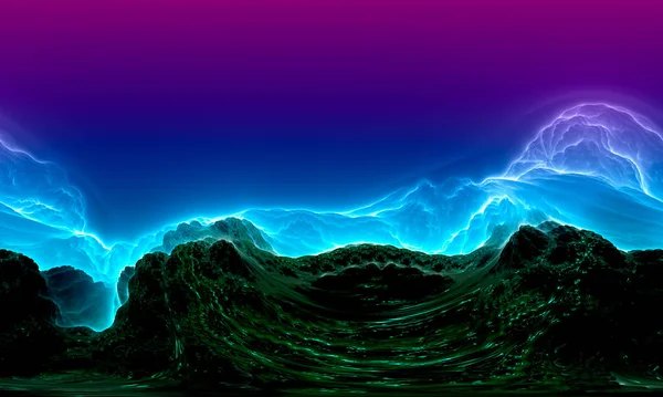 Синий и фиолетовый фрактал с горизонтальными породами и энергетическими волнами, фрактальный дизайн. 3D рендеринг — стоковое фото