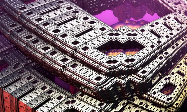 Der Hintergrund Fraktaler Architektur Aus Stahl Versinkt Rosa Nebel Darstellung — Stockfoto