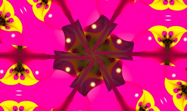 超粉背景 带万花筒效果的热带小花 曼达拉花型 — 图库照片