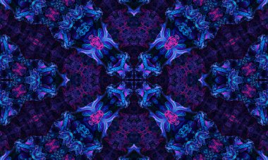 Soyut ultraviyole arkaplan, kaleydoskop efektli tropikal çiçekler, mandala deseni..