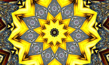 Kükürt sarısı kaleydoskop. Doğal sülfür mineralinden kusursuz bir arka plan. Cehennem pentagramı.