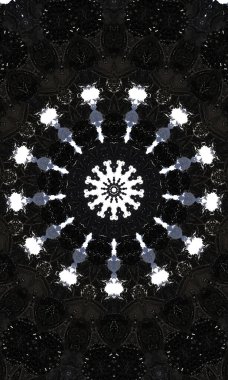 Kara Kaleydoskop. Siyah ve beyaz pürüzsüz desen. Boyama kitabı sayfası tasarımı için, yetişkinler için stres önleyici hobi için kullanılabilir. Kara film teması, siyah beyaz çizim. Dikey resim.