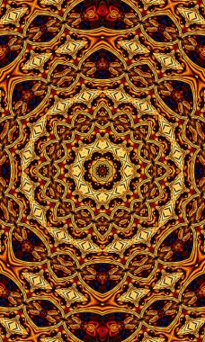 Yıldız kaleydoskop arka planı. Güzel çok renkli kaleydoskop dokusu. Eşsiz kaleydoskop tasarımı, eşsiz şekil, harika doku, turuncu soyut desen. Dikey resim.