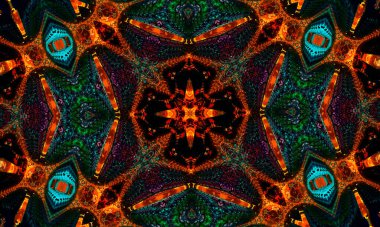 Yeşim arka planda parlayan turuncu yıldız. Sihirli şekil. Paketleme, hatıra defteri, hediye paketi, kitap, broşür, albüm üretimi için kaledoskop deseni.