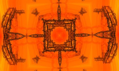 Turuncu arka planda çizim kalıbı. Turuncu poligonal kaleydoskop kalıbı, üçgenlerden oluşur. Origami tarzında gradyanı olan geometrik arkaplan. İşiniz için tasarım