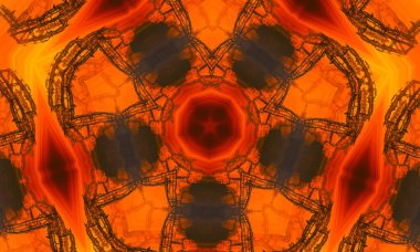 Turuncu arka planda çizim kalıbı. Turuncu poligonal kaleydoskop kalıbı, üçgenlerden oluşur. Origami tarzında gradyanı olan geometrik arkaplan. İşiniz için tasarım