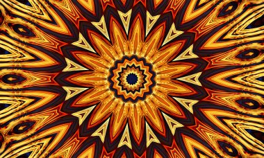 Yıldız kaleydoskop arka planı. Güzel çok renkli kaleydoskop dokusu. Eşsiz kaleydoskop tasarımı, eşsiz şekil, harika doku, turuncu soyut desen..