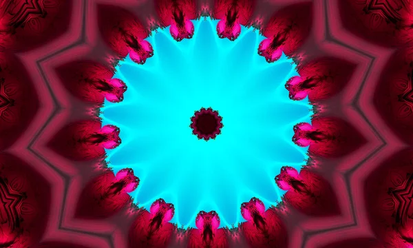 Cyan Mandala Koncentrikus Virág Véres Vörös Háttér Kaleidoszkóp Központ Kaleidoszkópos — Stock Fotó