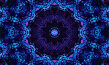 Soyut ultraviyole arkaplan, kaleydoskop efektli tropikal çiçekler, mandala deseni..